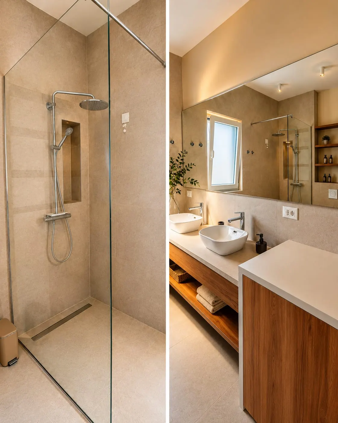 Bathroom with a walk-in shower, oak vanity and a round basin.