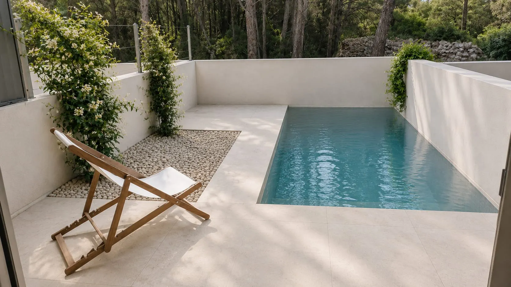 A private plunge pool in a walled stone garden, a wooden deck chair and climbing jasmine.