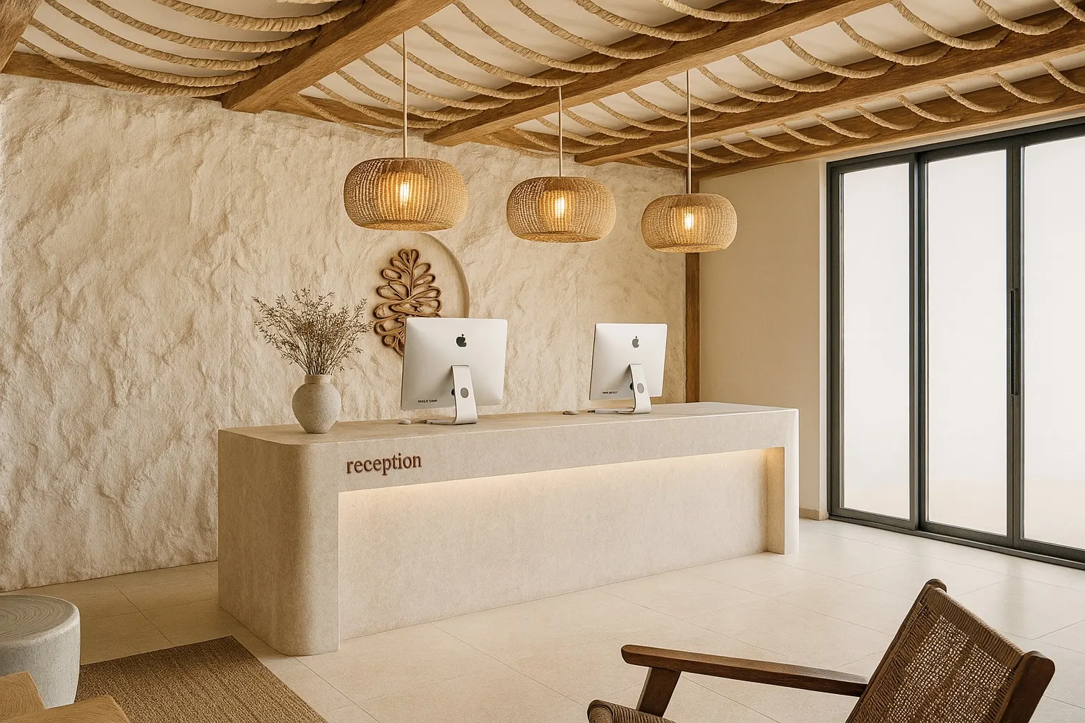 The reception: a curved desk in front of a rough plaster wall, rattan lamps and oak slats above.